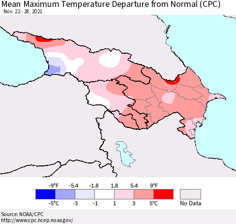 Azerbaijan, Armenia and Georgia Mean Maximum Temperature Departure from Normal (CPC) Thematic Map For 11/22/2021 - 11/28/2021