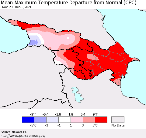 Azerbaijan, Armenia and Georgia Mean Maximum Temperature Departure from Normal (CPC) Thematic Map For 11/29/2021 - 12/5/2021