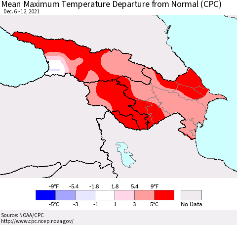Azerbaijan, Armenia and Georgia Mean Maximum Temperature Departure from Normal (CPC) Thematic Map For 12/6/2021 - 12/12/2021