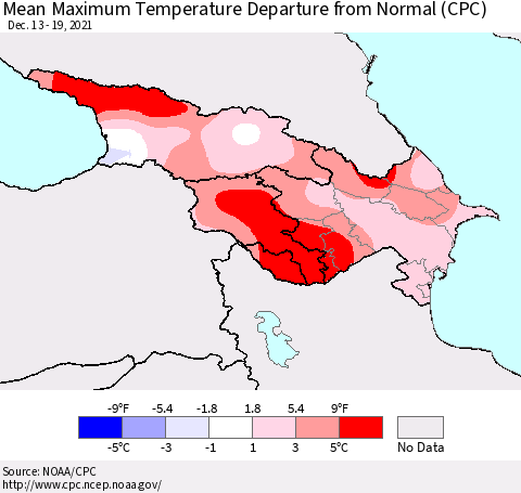 Azerbaijan, Armenia and Georgia Mean Maximum Temperature Departure from Normal (CPC) Thematic Map For 12/13/2021 - 12/19/2021