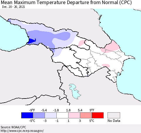 Azerbaijan, Armenia and Georgia Mean Maximum Temperature Departure from Normal (CPC) Thematic Map For 12/20/2021 - 12/26/2021