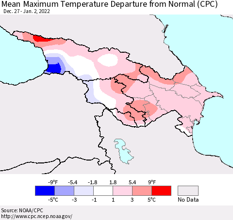 Azerbaijan, Armenia and Georgia Mean Maximum Temperature Departure from Normal (CPC) Thematic Map For 12/27/2021 - 1/2/2022