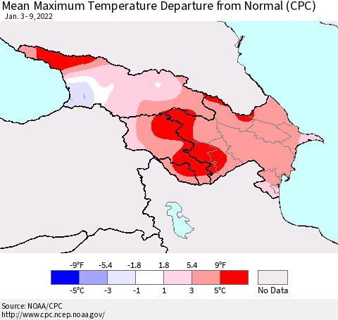 Azerbaijan, Armenia and Georgia Mean Maximum Temperature Departure from Normal (CPC) Thematic Map For 1/3/2022 - 1/9/2022