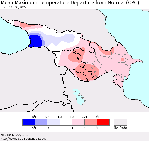 Azerbaijan, Armenia and Georgia Mean Maximum Temperature Departure from Normal (CPC) Thematic Map For 1/10/2022 - 1/16/2022