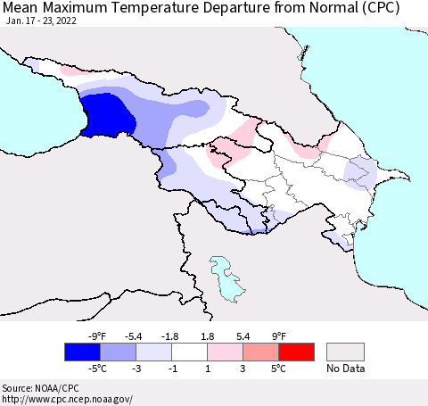 Azerbaijan, Armenia and Georgia Mean Maximum Temperature Departure from Normal (CPC) Thematic Map For 1/17/2022 - 1/23/2022