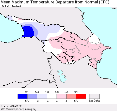Azerbaijan, Armenia and Georgia Mean Maximum Temperature Departure from Normal (CPC) Thematic Map For 1/24/2022 - 1/30/2022