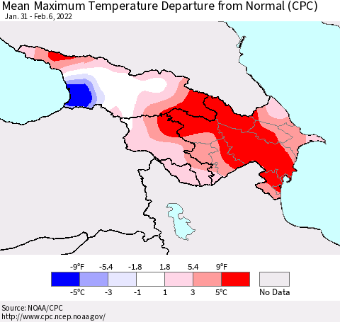 Azerbaijan, Armenia and Georgia Mean Maximum Temperature Departure from Normal (CPC) Thematic Map For 1/31/2022 - 2/6/2022