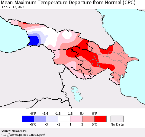 Azerbaijan, Armenia and Georgia Mean Maximum Temperature Departure from Normal (CPC) Thematic Map For 2/7/2022 - 2/13/2022