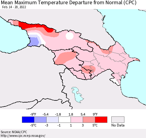 Azerbaijan, Armenia and Georgia Mean Maximum Temperature Departure from Normal (CPC) Thematic Map For 2/14/2022 - 2/20/2022