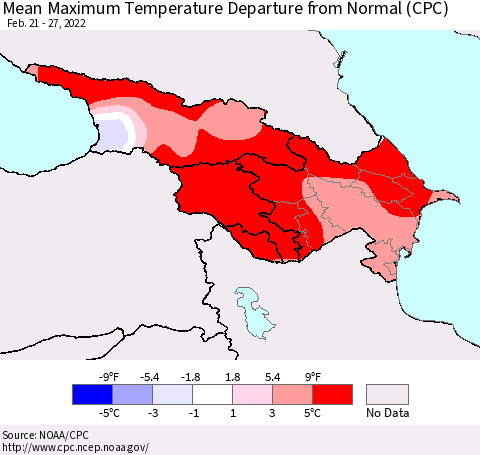 Azerbaijan, Armenia and Georgia Mean Maximum Temperature Departure from Normal (CPC) Thematic Map For 2/21/2022 - 2/27/2022