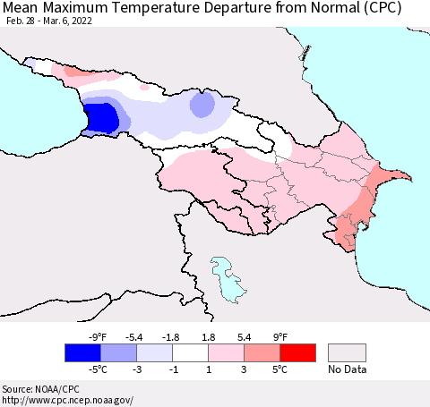 Azerbaijan, Armenia and Georgia Mean Maximum Temperature Departure from Normal (CPC) Thematic Map For 2/28/2022 - 3/6/2022