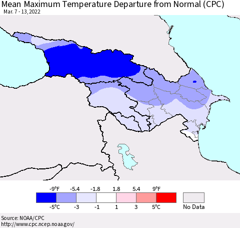 Azerbaijan, Armenia and Georgia Mean Maximum Temperature Departure from Normal (CPC) Thematic Map For 3/7/2022 - 3/13/2022