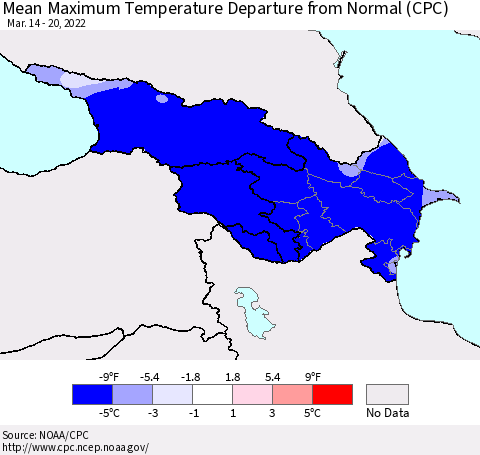 Azerbaijan, Armenia and Georgia Mean Maximum Temperature Departure from Normal (CPC) Thematic Map For 3/14/2022 - 3/20/2022