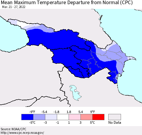 Azerbaijan, Armenia and Georgia Mean Maximum Temperature Departure from Normal (CPC) Thematic Map For 3/21/2022 - 3/27/2022