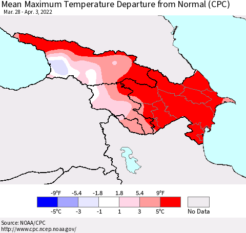 Azerbaijan, Armenia and Georgia Mean Maximum Temperature Departure from Normal (CPC) Thematic Map For 3/28/2022 - 4/3/2022