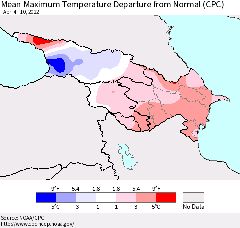 Azerbaijan, Armenia and Georgia Mean Maximum Temperature Departure from Normal (CPC) Thematic Map For 4/4/2022 - 4/10/2022
