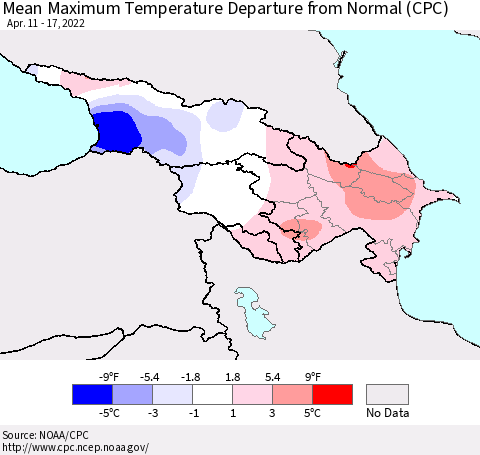Azerbaijan, Armenia and Georgia Mean Maximum Temperature Departure from Normal (CPC) Thematic Map For 4/11/2022 - 4/17/2022