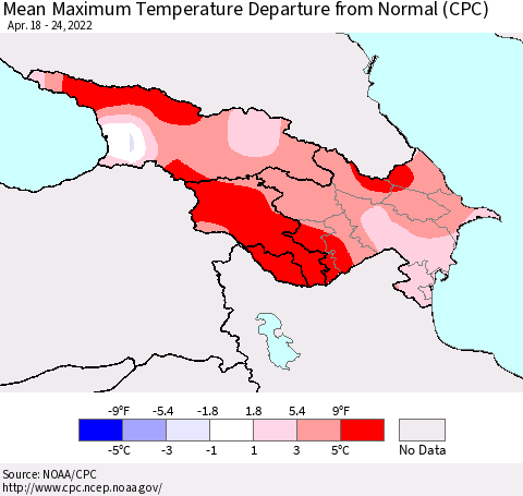 Azerbaijan, Armenia and Georgia Mean Maximum Temperature Departure from Normal (CPC) Thematic Map For 4/18/2022 - 4/24/2022