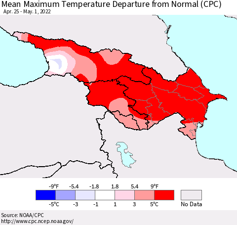 Azerbaijan, Armenia and Georgia Mean Maximum Temperature Departure from Normal (CPC) Thematic Map For 4/25/2022 - 5/1/2022