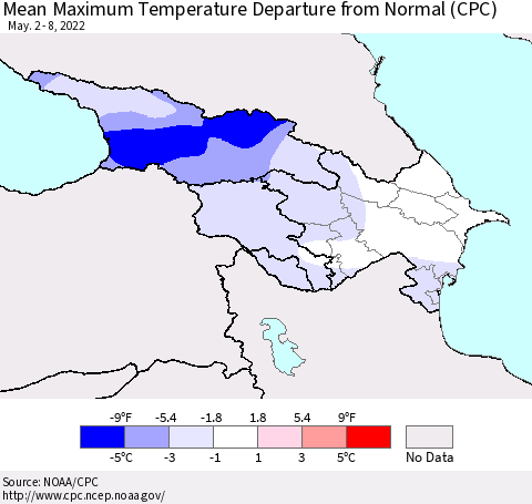 Azerbaijan, Armenia and Georgia Mean Maximum Temperature Departure from Normal (CPC) Thematic Map For 5/2/2022 - 5/8/2022