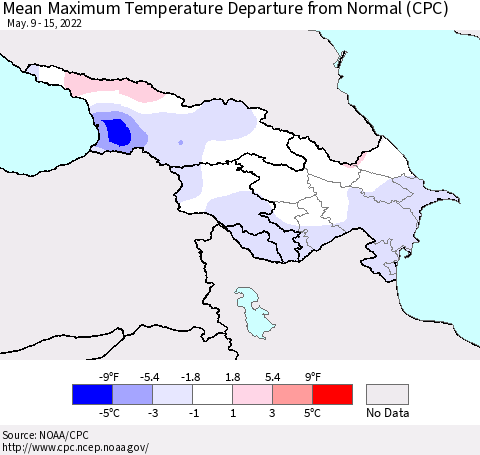 Azerbaijan, Armenia and Georgia Mean Maximum Temperature Departure from Normal (CPC) Thematic Map For 5/9/2022 - 5/15/2022