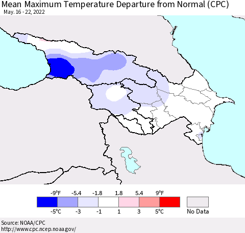 Azerbaijan, Armenia and Georgia Mean Maximum Temperature Departure from Normal (CPC) Thematic Map For 5/16/2022 - 5/22/2022