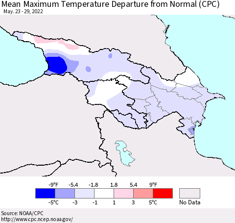 Azerbaijan, Armenia and Georgia Mean Maximum Temperature Departure from Normal (CPC) Thematic Map For 5/23/2022 - 5/29/2022