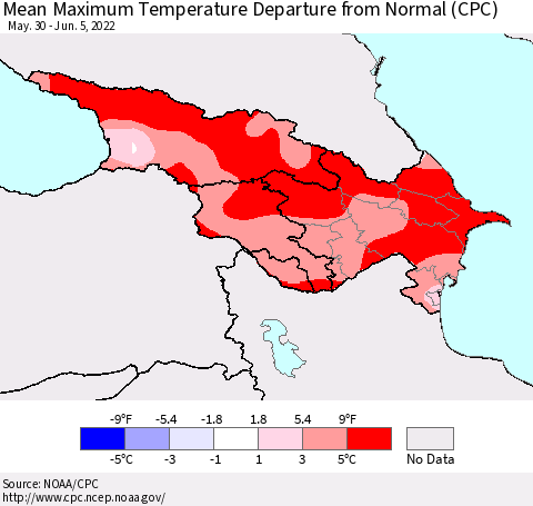 Azerbaijan, Armenia and Georgia Mean Maximum Temperature Departure from Normal (CPC) Thematic Map For 5/30/2022 - 6/5/2022