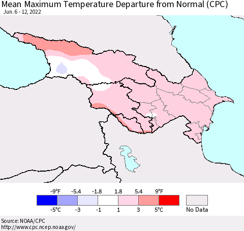 Azerbaijan, Armenia and Georgia Mean Maximum Temperature Departure from Normal (CPC) Thematic Map For 6/6/2022 - 6/12/2022