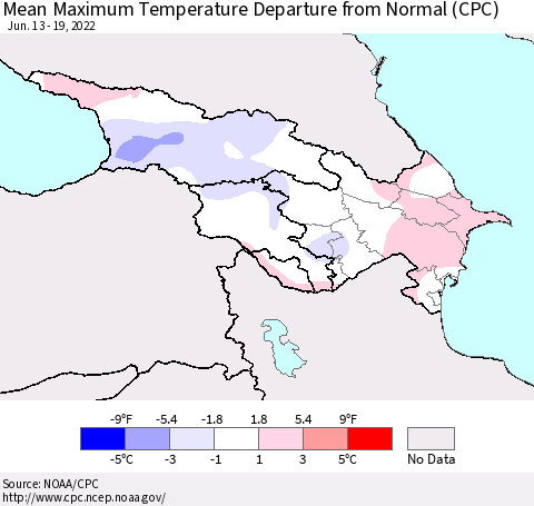 Azerbaijan, Armenia and Georgia Mean Maximum Temperature Departure from Normal (CPC) Thematic Map For 6/13/2022 - 6/19/2022