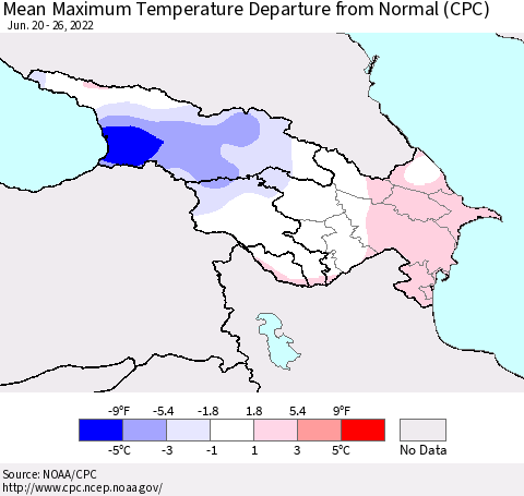 Azerbaijan, Armenia and Georgia Mean Maximum Temperature Departure from Normal (CPC) Thematic Map For 6/20/2022 - 6/26/2022