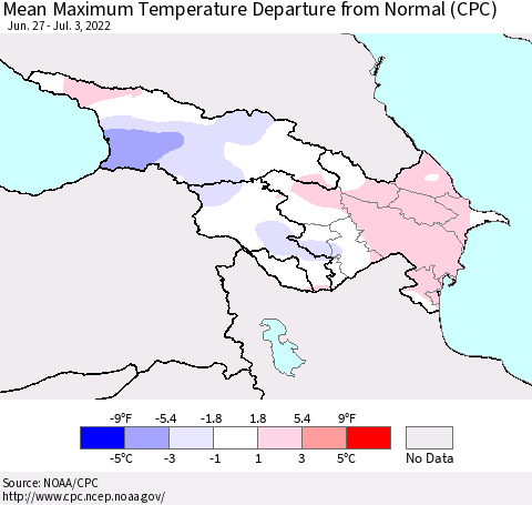 Azerbaijan, Armenia and Georgia Mean Maximum Temperature Departure from Normal (CPC) Thematic Map For 6/27/2022 - 7/3/2022