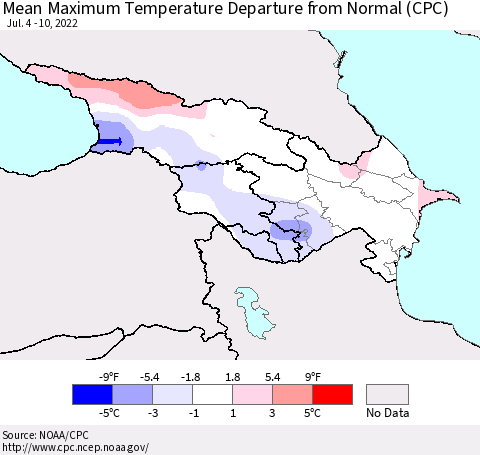 Azerbaijan, Armenia and Georgia Mean Maximum Temperature Departure from Normal (CPC) Thematic Map For 7/4/2022 - 7/10/2022