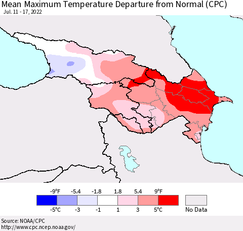 Azerbaijan, Armenia and Georgia Mean Maximum Temperature Departure from Normal (CPC) Thematic Map For 7/11/2022 - 7/17/2022