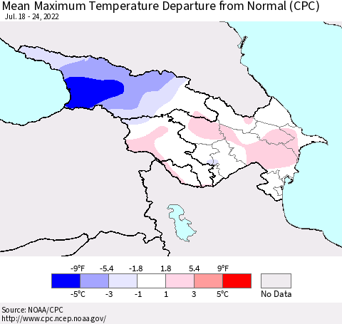 Azerbaijan, Armenia and Georgia Mean Maximum Temperature Departure from Normal (CPC) Thematic Map For 7/18/2022 - 7/24/2022