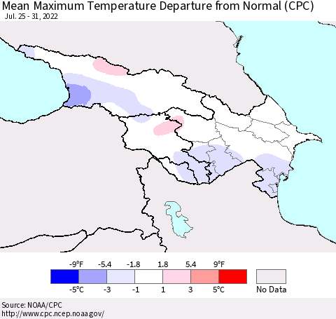 Azerbaijan, Armenia and Georgia Mean Maximum Temperature Departure from Normal (CPC) Thematic Map For 7/25/2022 - 7/31/2022
