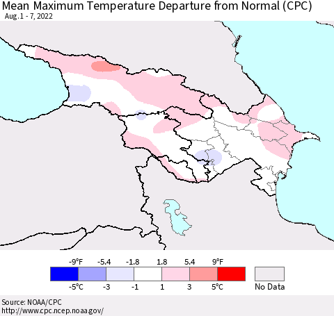 Azerbaijan, Armenia and Georgia Mean Maximum Temperature Departure from Normal (CPC) Thematic Map For 8/1/2022 - 8/7/2022