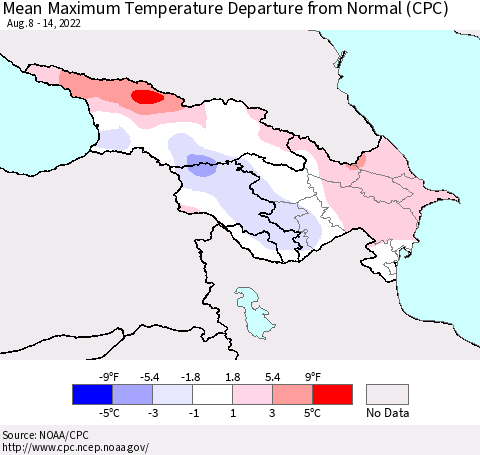 Azerbaijan, Armenia and Georgia Mean Maximum Temperature Departure from Normal (CPC) Thematic Map For 8/8/2022 - 8/14/2022