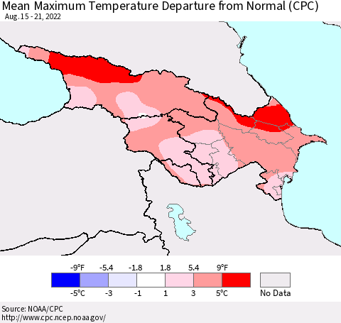 Azerbaijan, Armenia and Georgia Mean Maximum Temperature Departure from Normal (CPC) Thematic Map For 8/15/2022 - 8/21/2022