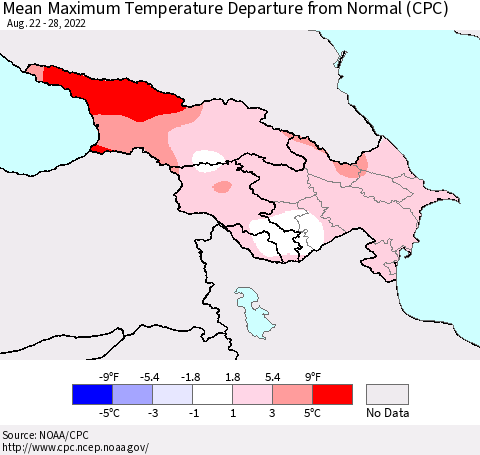 Azerbaijan, Armenia and Georgia Mean Maximum Temperature Departure from Normal (CPC) Thematic Map For 8/22/2022 - 8/28/2022