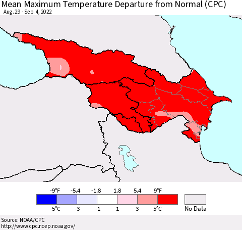Azerbaijan, Armenia and Georgia Mean Maximum Temperature Departure from Normal (CPC) Thematic Map For 8/29/2022 - 9/4/2022