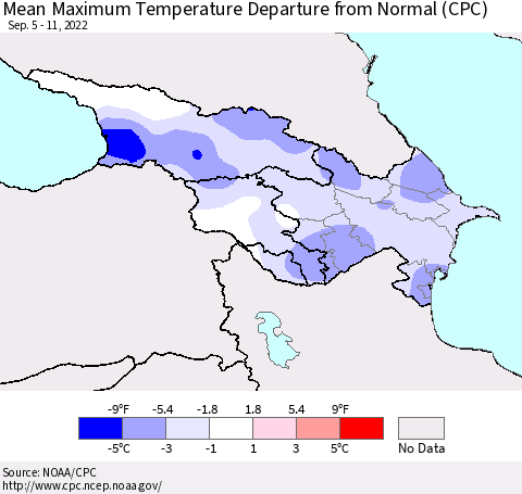 Azerbaijan, Armenia and Georgia Mean Maximum Temperature Departure from Normal (CPC) Thematic Map For 9/5/2022 - 9/11/2022