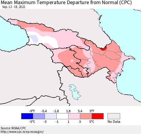 Azerbaijan, Armenia and Georgia Mean Maximum Temperature Departure from Normal (CPC) Thematic Map For 9/12/2022 - 9/18/2022