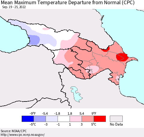 Azerbaijan, Armenia and Georgia Mean Maximum Temperature Departure from Normal (CPC) Thematic Map For 9/19/2022 - 9/25/2022