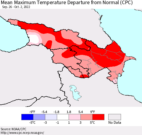 Azerbaijan, Armenia and Georgia Mean Maximum Temperature Departure from Normal (CPC) Thematic Map For 9/26/2022 - 10/2/2022