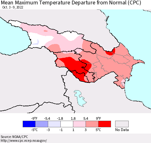 Azerbaijan, Armenia and Georgia Mean Maximum Temperature Departure from Normal (CPC) Thematic Map For 10/3/2022 - 10/9/2022
