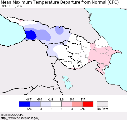 Azerbaijan, Armenia and Georgia Mean Maximum Temperature Departure from Normal (CPC) Thematic Map For 10/10/2022 - 10/16/2022
