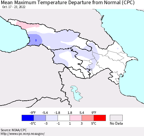 Azerbaijan, Armenia and Georgia Mean Maximum Temperature Departure from Normal (CPC) Thematic Map For 10/17/2022 - 10/23/2022