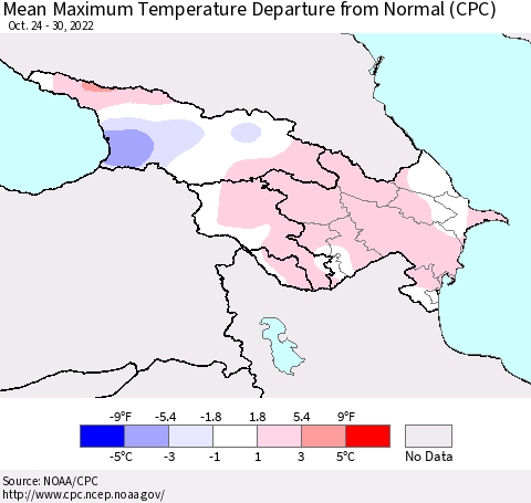 Azerbaijan, Armenia and Georgia Mean Maximum Temperature Departure from Normal (CPC) Thematic Map For 10/24/2022 - 10/30/2022