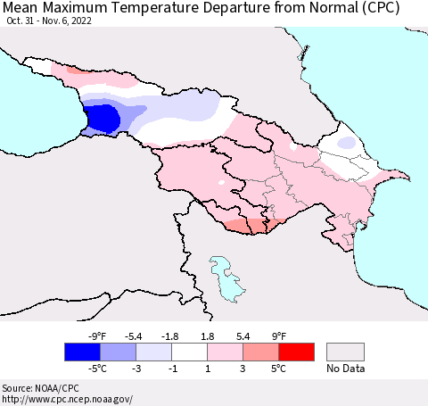 Azerbaijan, Armenia and Georgia Mean Maximum Temperature Departure from Normal (CPC) Thematic Map For 10/31/2022 - 11/6/2022